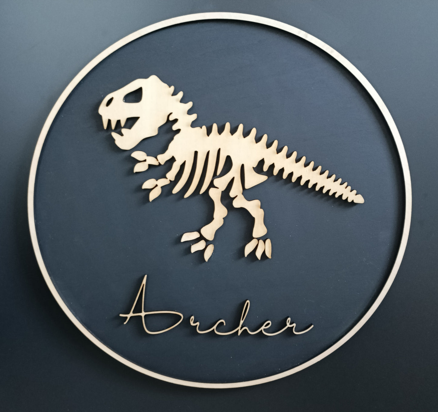 Personalised T rex Dinosaur Skeleton Wooden Wall Plaque - Nursery/Kids Room Name Sign