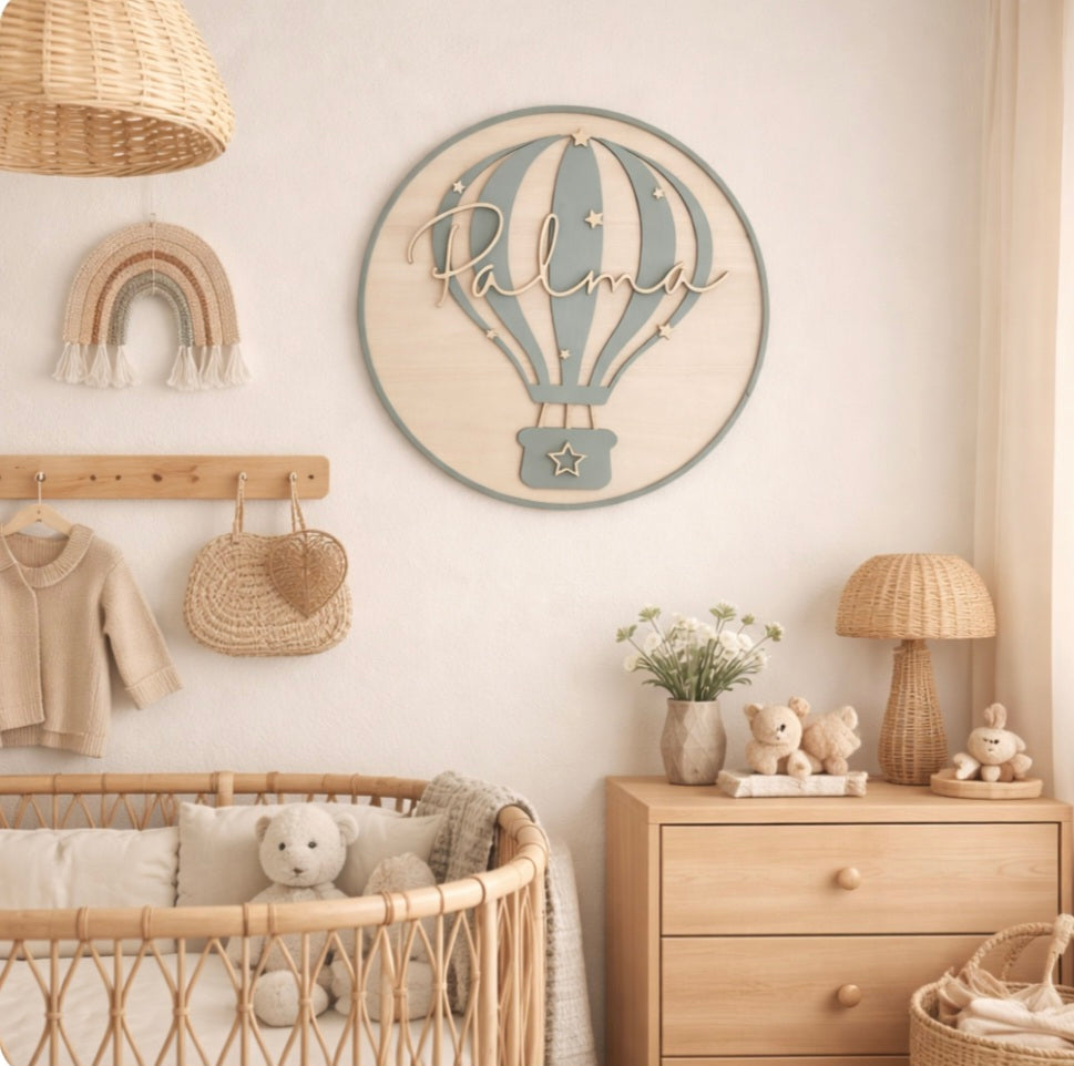 Personalised Wooden Hot Air Balloon Wall Decor - Nursery Name Sign | Nursery Wall Decor