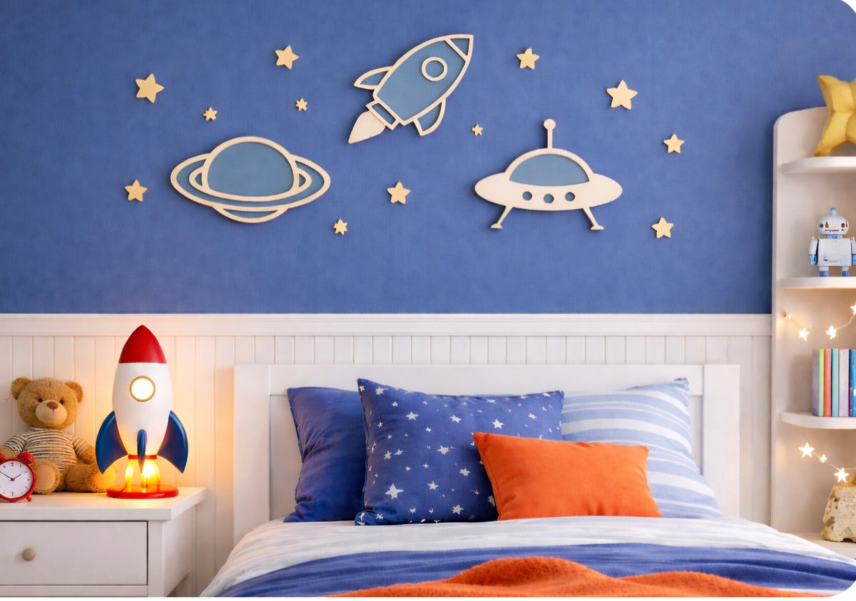 Space Wall Decor Set for Kids Room - Rocket, Planet & UFO Wooden plaques