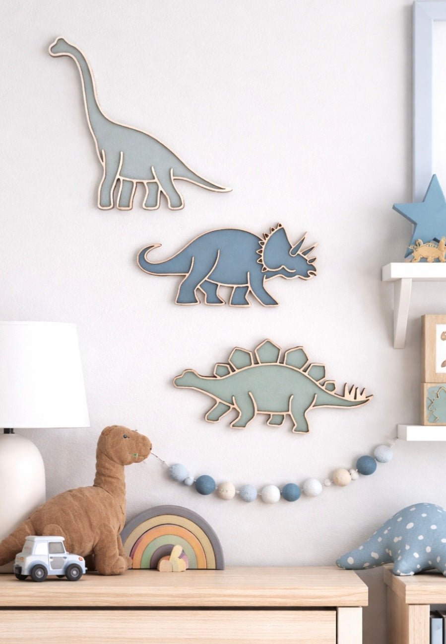 Dinosaur Wall Plaques Set of 3 - Wooden Dino Nursery Wall Decor - Stegosaurus Triceratops Brontosaurus Kids Bedroom