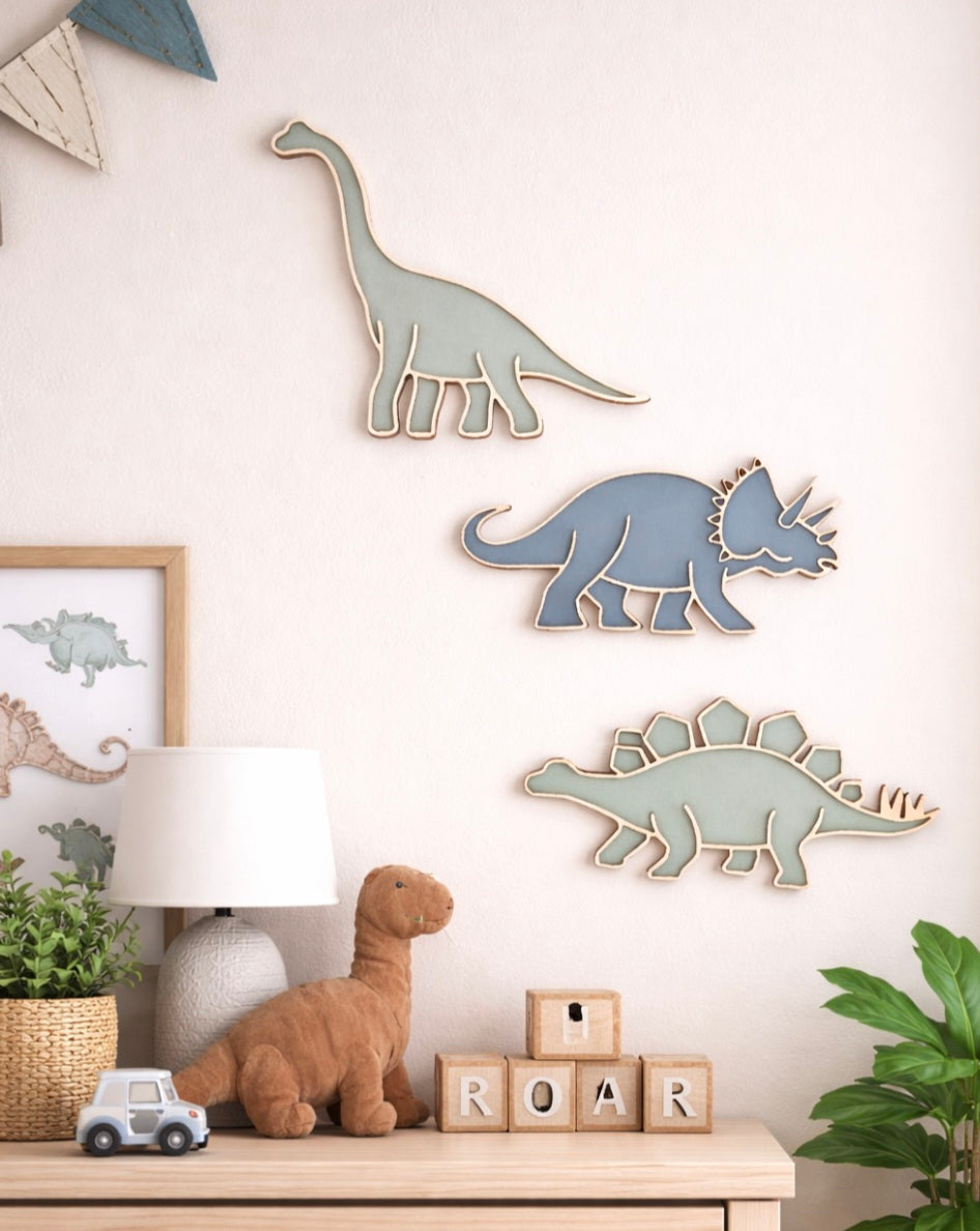 Dinosaur Wall Plaques Set of 3 - Wooden Dino Nursery Wall Decor - Stegosaurus Triceratops Brontosaurus Kids Bedroom