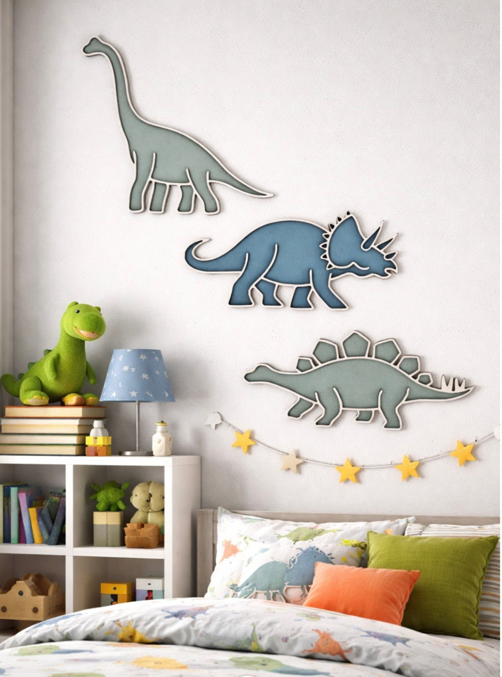 Dinosaur Wall Plaques Set of 3 - Wooden Dino Nursery Wall Decor - Stegosaurus Triceratops Brontosaurus Kids Bedroom