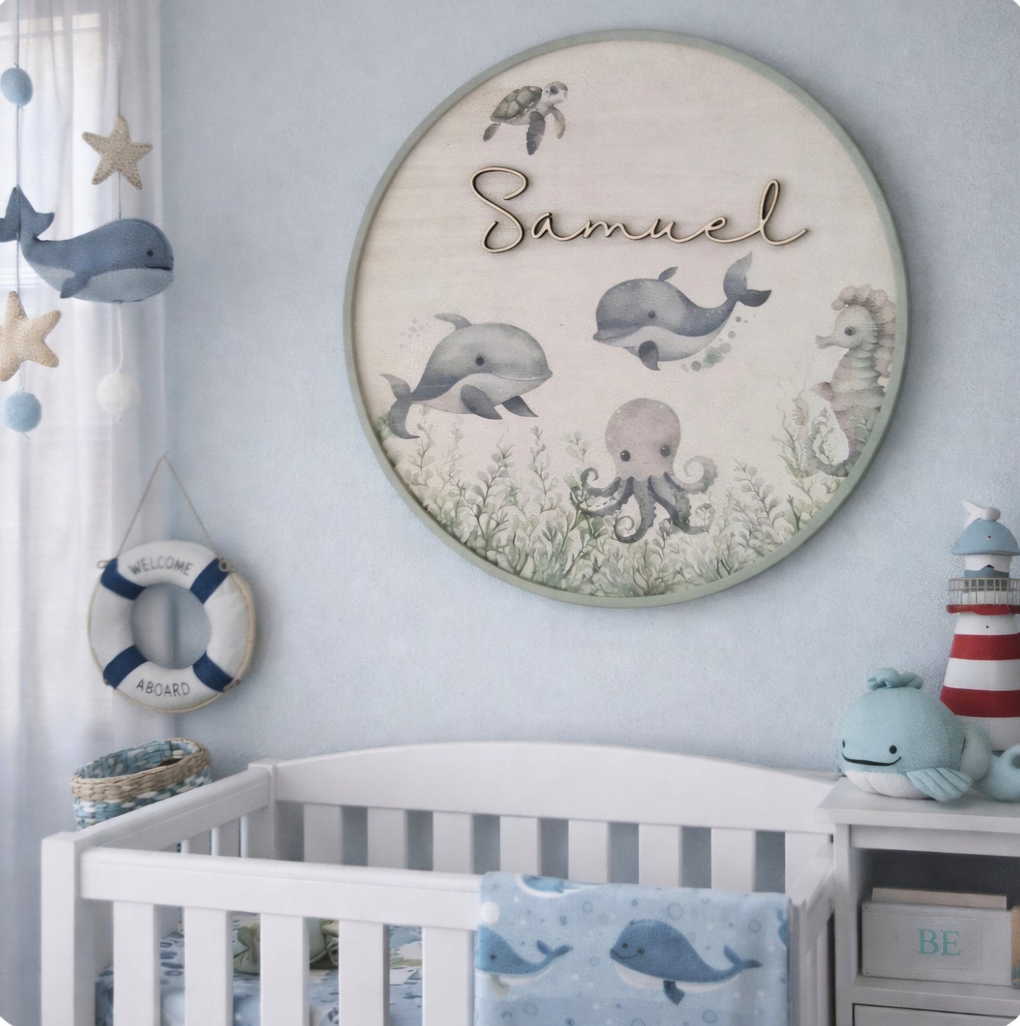 Personalised Ocean Theme Nursery Name Plaque | Children's Wooden Wall Decor