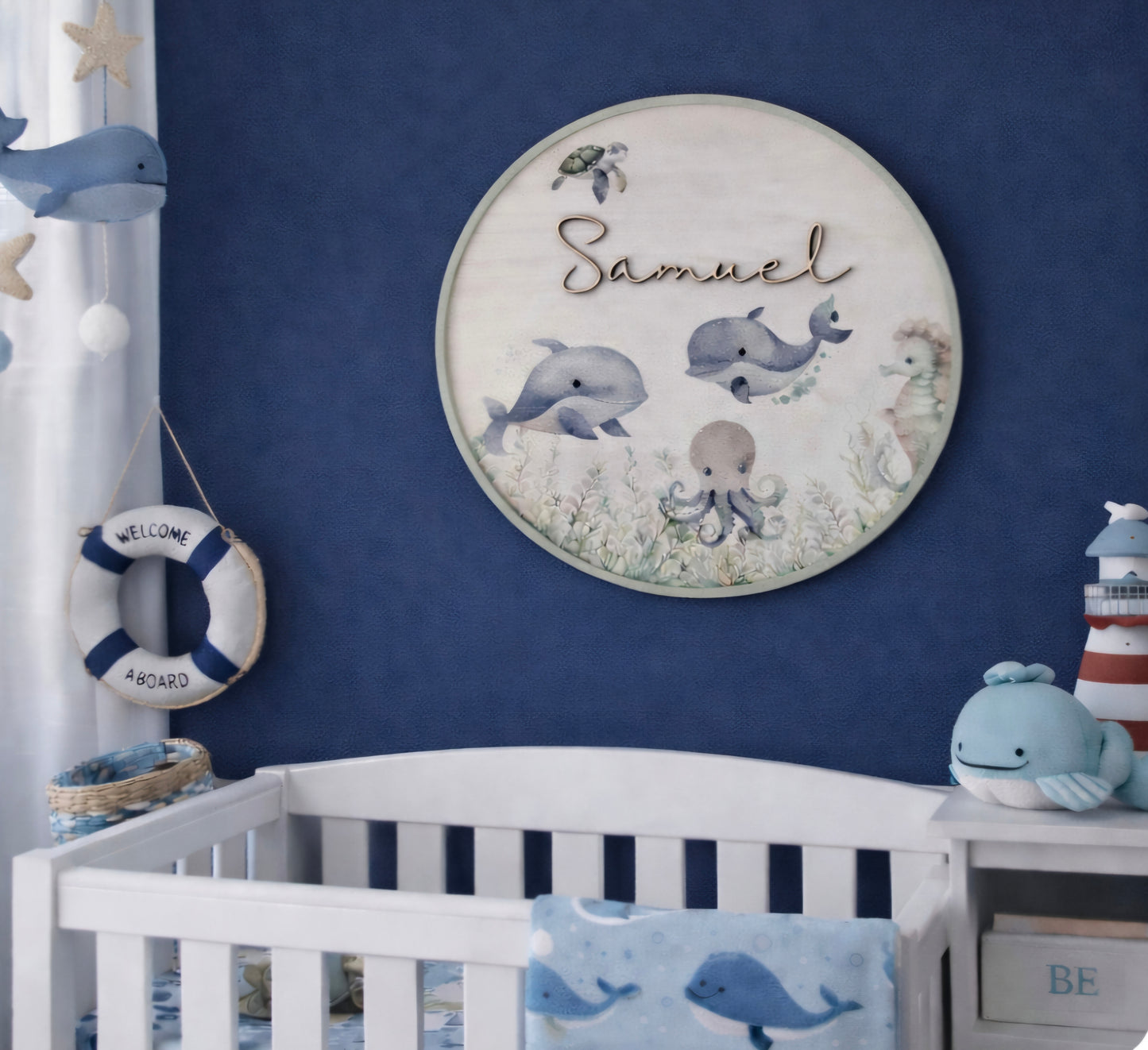 Personalised Ocean Theme Nursery Name Plaque | Children's Wooden Wall Decor