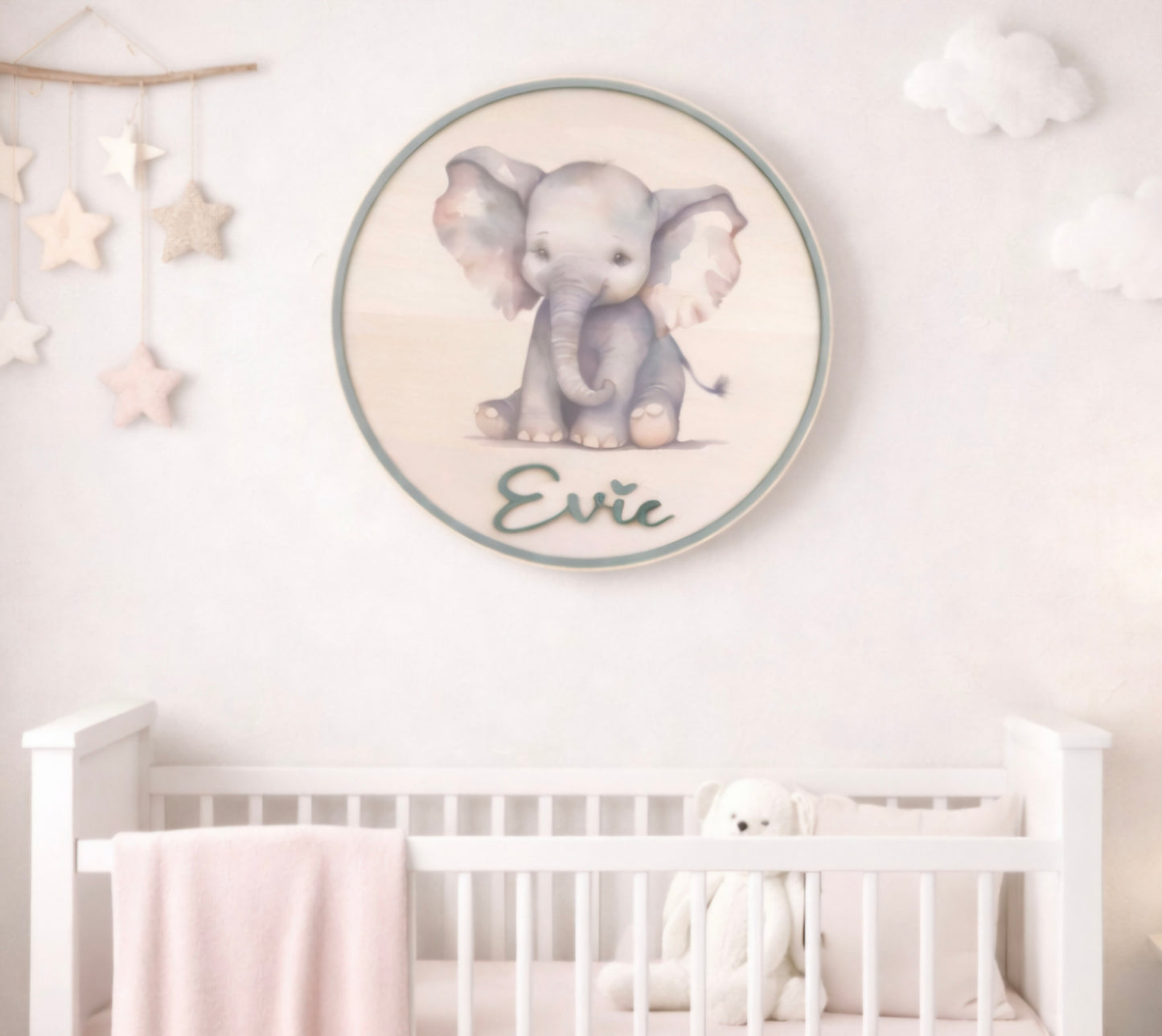 Personalised Wooden Elephant Nursery Wall decor - Baby Name Door Sign