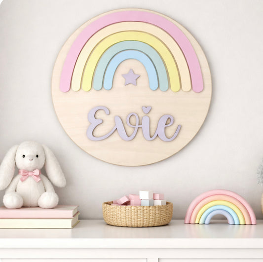 Personalised Rainbow Nursery Name Sign | Wooden Wall Plaque