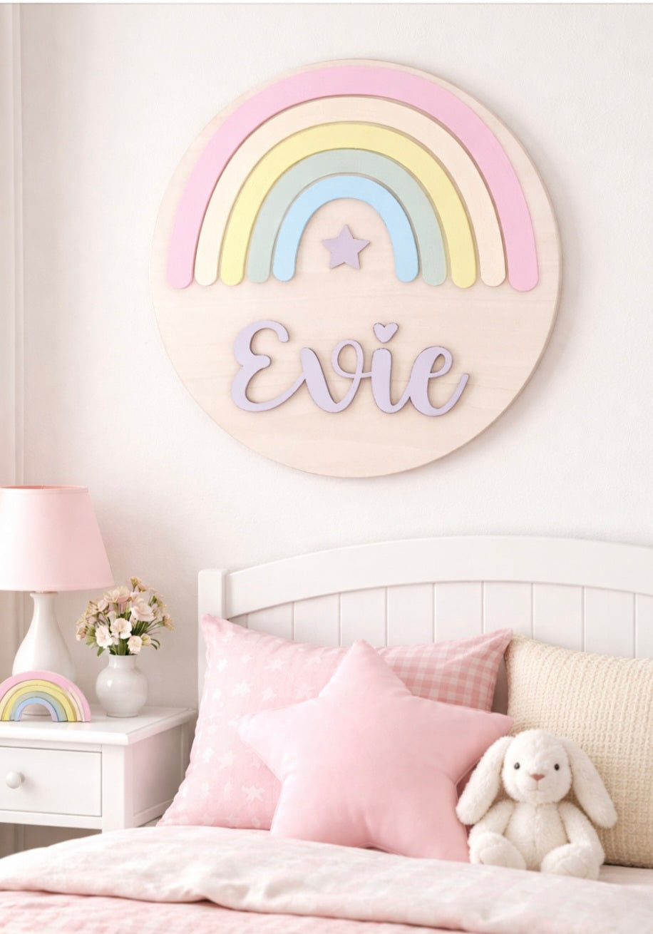 Personalised Rainbow Nursery Name Sign | Wooden Wall Plaque