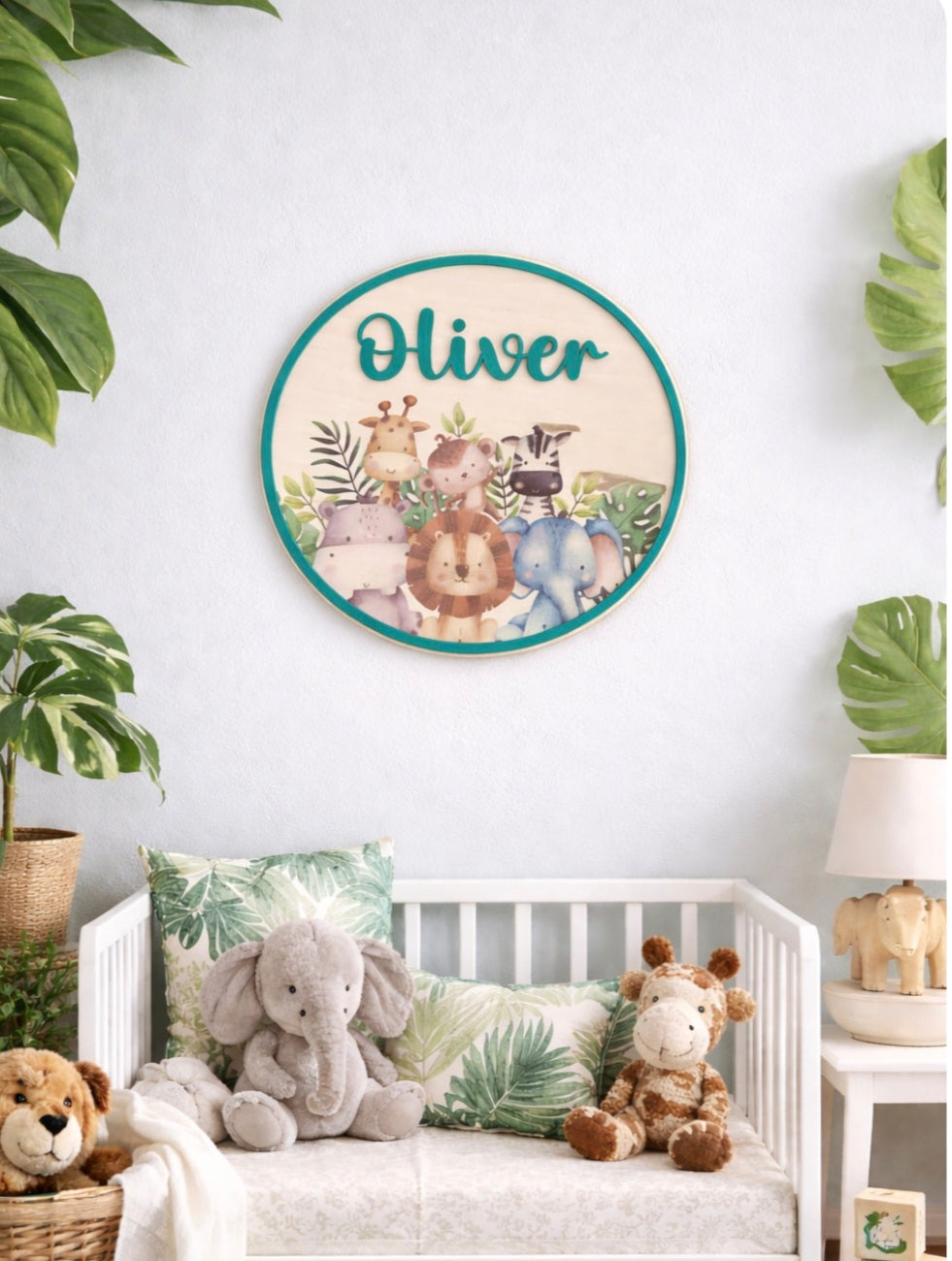 Personalised Safari Animal Nursery Plaque | Jungle Animals Wall Decor | Baby Name Sign